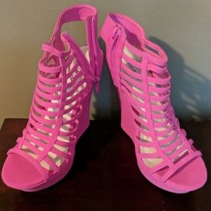 Hot pink high heel wedges